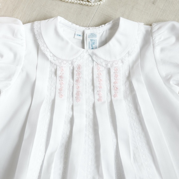 Feltman Brothers Dress White Size 6 Month Lace Inlay Pink Embroidery Spring NWOT - Picture 2 of 4
